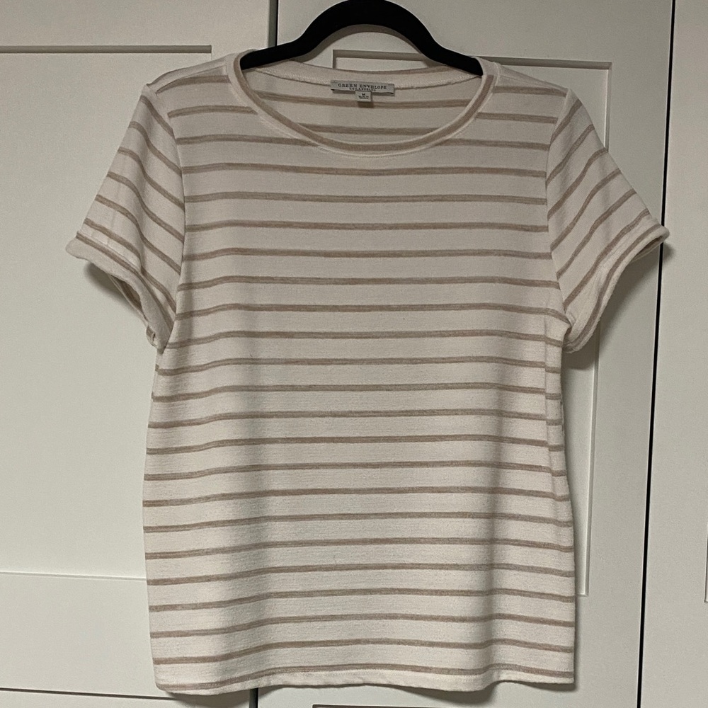 3/$20. Green Envelope Cream and Tan Striped Short Sleeve Tee
